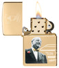 Zippo 2023 Founder's Day Collectible Armor High Polish Brass Windproof Lighter with its lid open and lit.