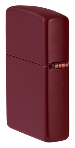 Angled shot of Zippo Classic Merlot Logo Windproof Lighter showing the back and hinge side of the lighter.