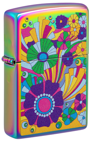 Front view of Zippo Vintage Flowers Design Multi-Color Windproof Lighter standing at a 3/4 angle.