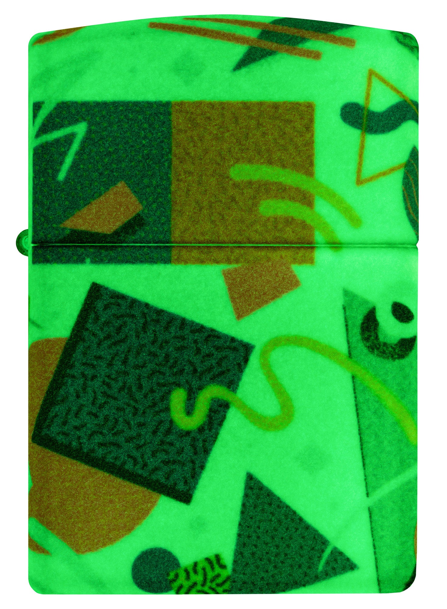 Front view of Zippo Throwback Pattern Design 540 Color Glow in the Dark Windproof Lighter glowing in the dark.