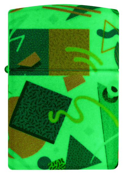 Front view of Zippo Throwback Pattern Design 540 Color Glow in the Dark Windproof Lighter glowing in the dark.