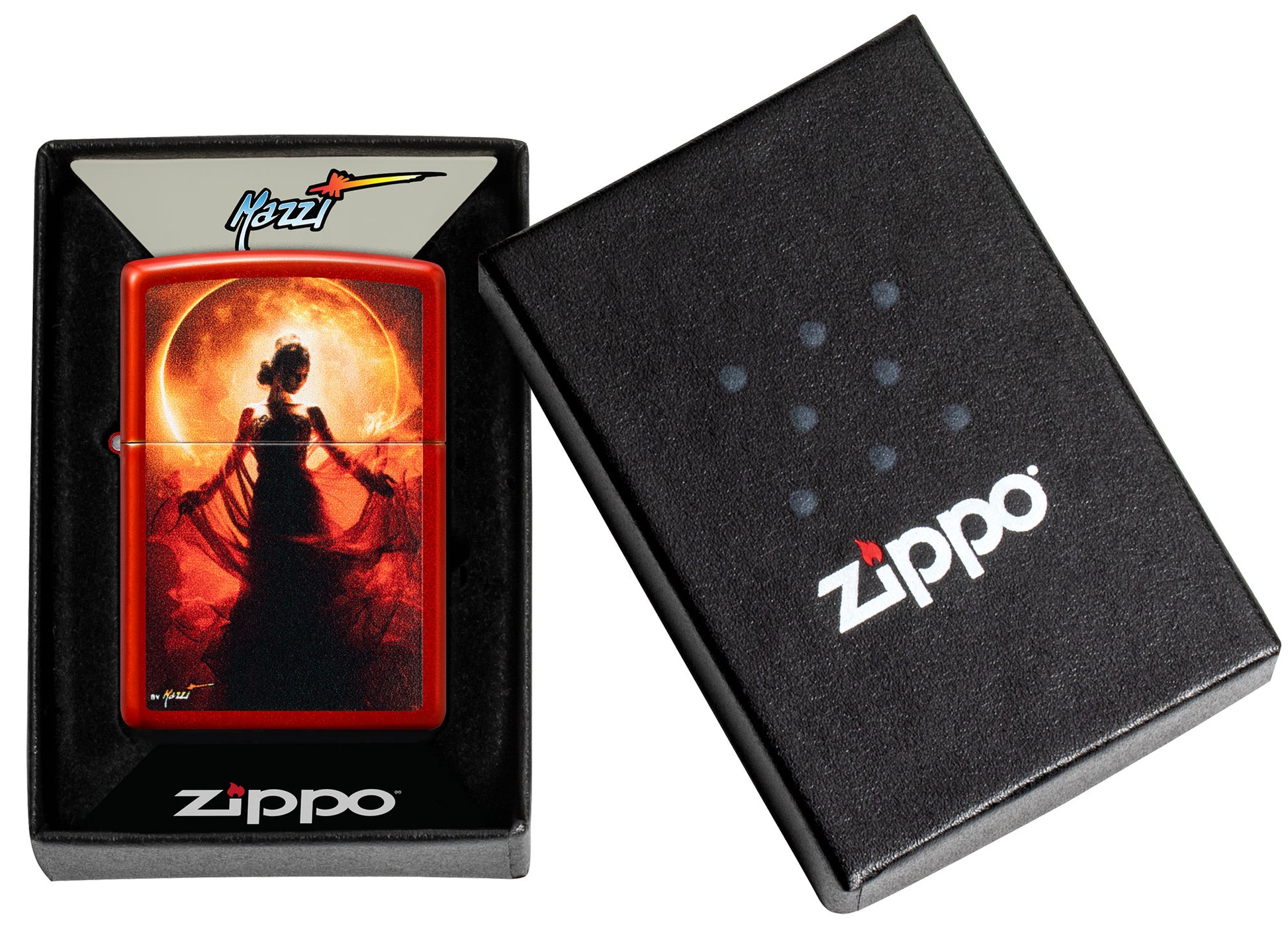 Zippo MazziÂ® Woman Silhouette Metallic Red Windproof Lighter in its packaging.