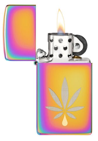 Zippo Cannabis Leaf Design Slim Multi Color Windproof Lighter with its lid open and lit.