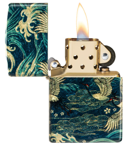 Zippo Eastern 540 Fusion Design Windproof Lighter with its lid open and lit.