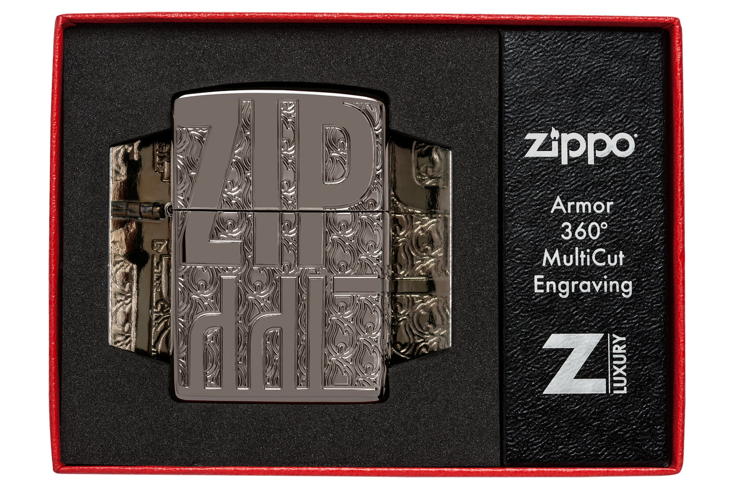 Zippo Reverse Carve Zippo Design ArmorÂ® Black IceÂ® Windproof Lighter in its packaging.
