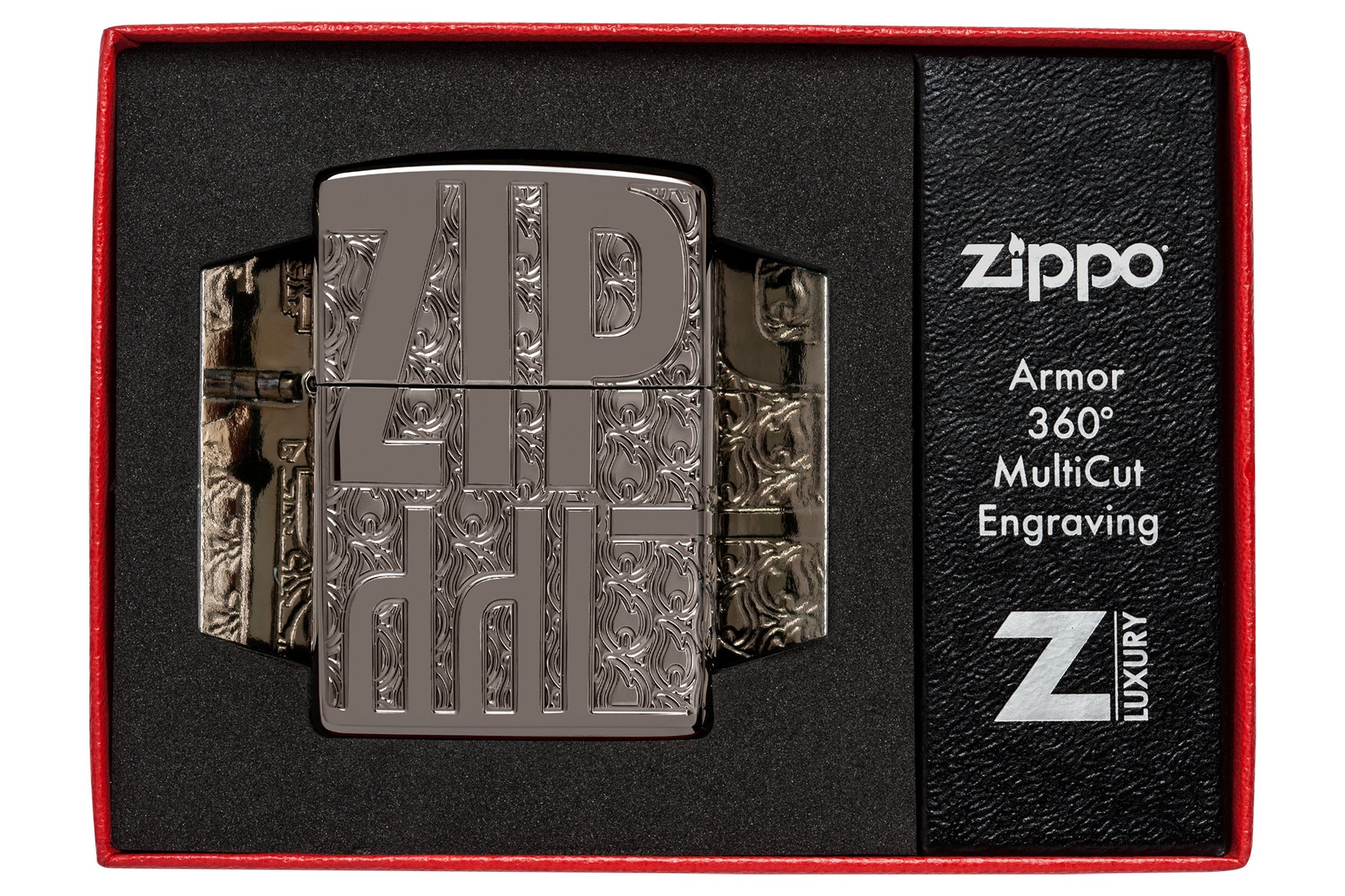 Zippo Reverse Carve Zippo Design ArmorÂ® Black IceÂ® Windproof Lighter in its packaging.