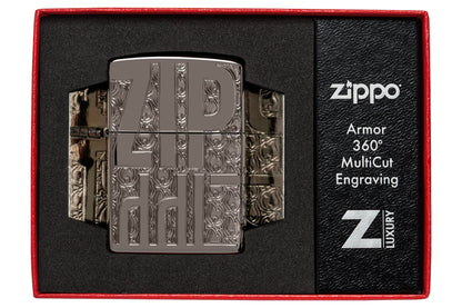 Zippo Reverse Carve Zippo Design ArmorÂ® Black IceÂ® Windproof Lighter in its packaging.
