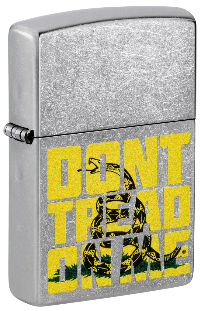 Front view of Zippo Don’t Tread on Me Street Chrome Windproof Lighter standing at a 3/4 angle.