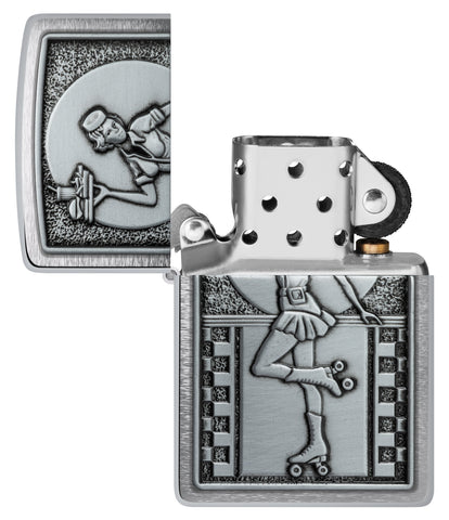 Zippo Roller Waitress Emblem Brushed Chrome Windproof Lighter with its lid open and unlit.