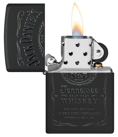 Jack Daniel's Black Matte Windproof Lighter with its lid open and lit.
