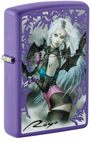 Front view of Zippo Luis Royo Purple Matte Windproof Lighter standing at a 3/4 angle.