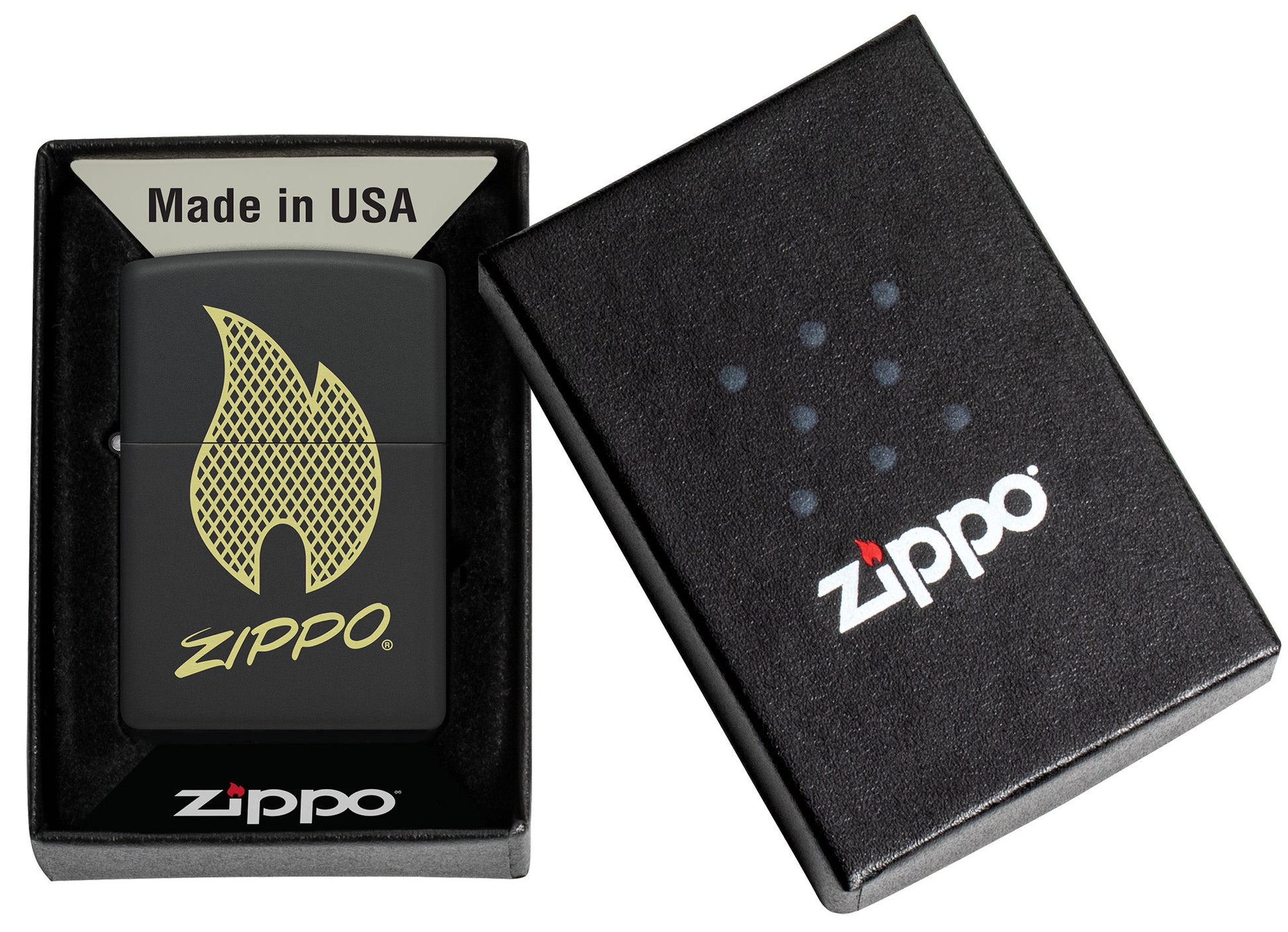 Zippo Script Logo Design Windproof Lighter in its packaging.