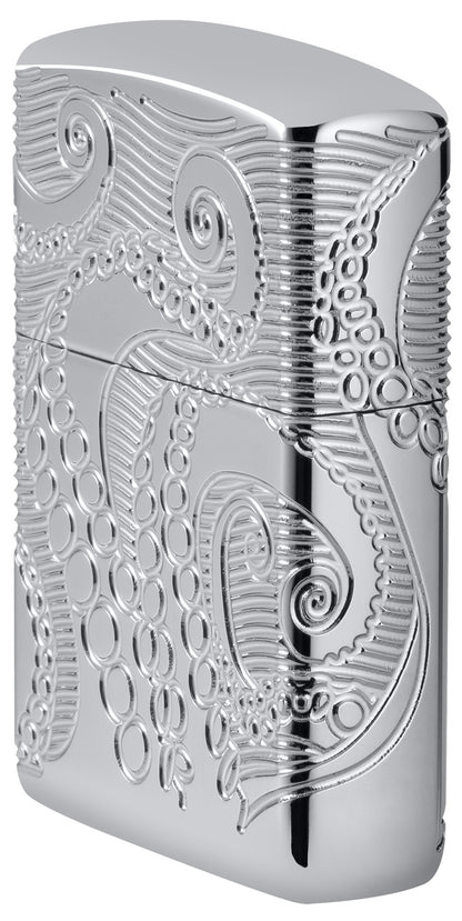 Angled shot of Zippo Tentacles Design ArmorÂ® High Polish Chrome Windproof Lighter showing the front and right side of the lighter.
