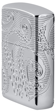 Angled shot of Zippo Tentacles Design Armor® High Polish Chrome Windproof Lighter showing the front and right side of the lighter.