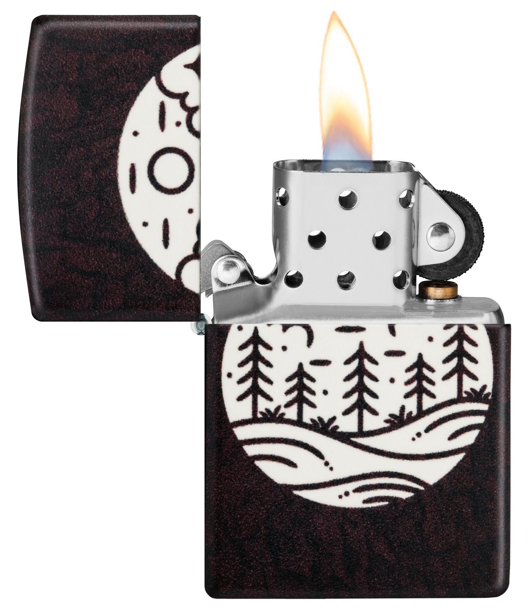 Zippo Moonlit Field Design 540 Color Glow in the Dark Windproof Lighter with its lid open and lit.