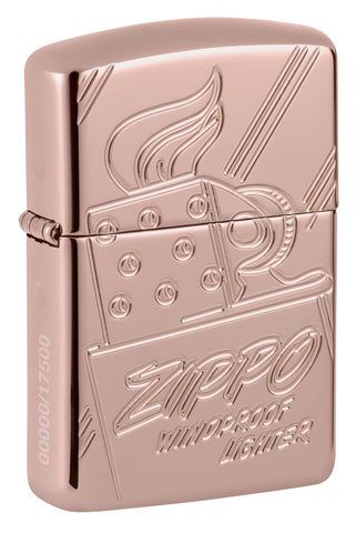 Front shot of Zippo Script Collectible Armor Rose Gold Windproof Lighter standing at a 3/4 angle.