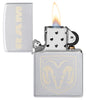 Zippo RAM Satin Chrome Windproof Lighter with its lid open and lit.