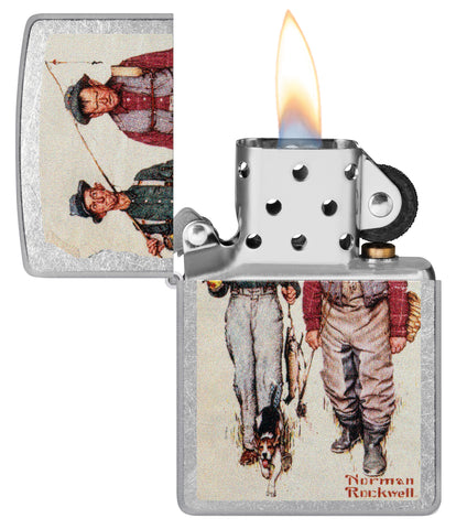 Zippo Norman Rockwell Fishing Street Chrome Windproof Lighter with its lid open and lit.