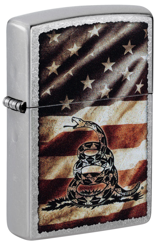 Front shot of Zippo Dont Tread on MeÂ® Street Chrome Windproof Lighter standing at a 3/4 angle.