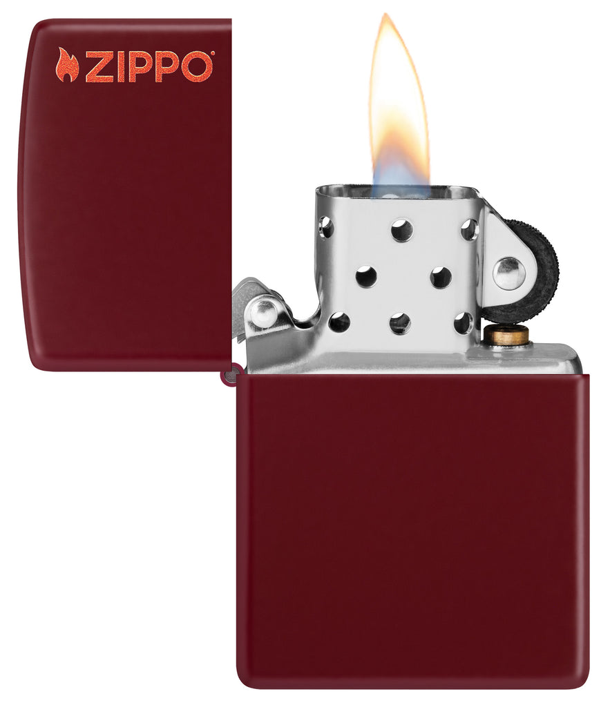 Zippo Classic Merlot Logo Windproof Lighter with its lid open and lit.