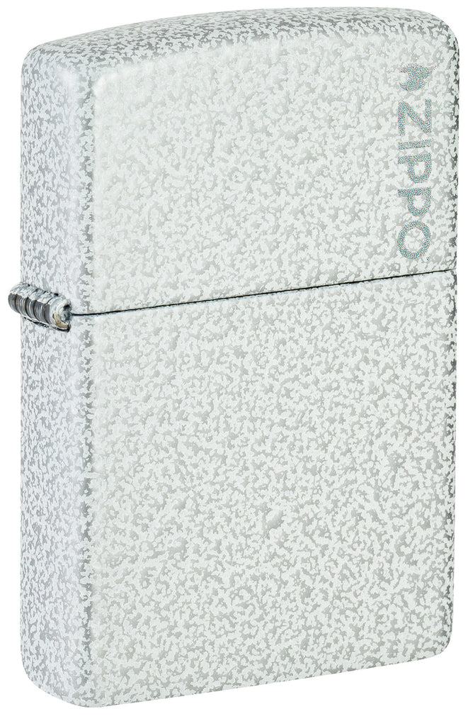 Front view of Zippo Classic Glacier Logo Windproof Lighter standing at a 3/4 angle.