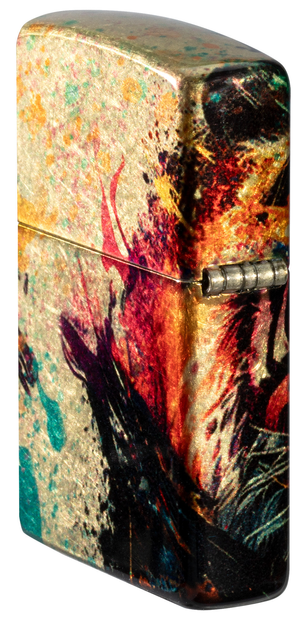 Angled shot of Zippo Painted Tiger Design 540 Tumbled Brass Windproof Lighter showing the back and hinge side of the lighter.