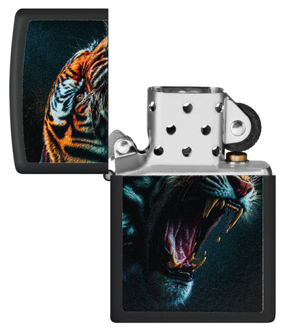 Zippo Tiger Roar Design Black Matte Windproof Lighter with its lid open and unlit.