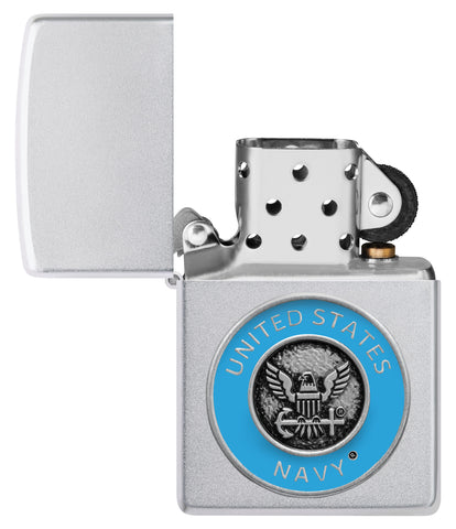 Zippo United States Navy® Emblem Satin Chrome Windproof Lighter with its lid open and unlit.