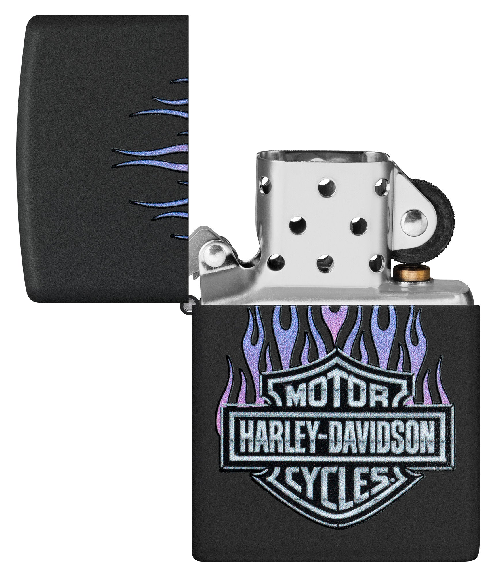 Zippo Harley DavidsonÂ® Flames Black Matte Windproof Lighter with its lid open and unlit.