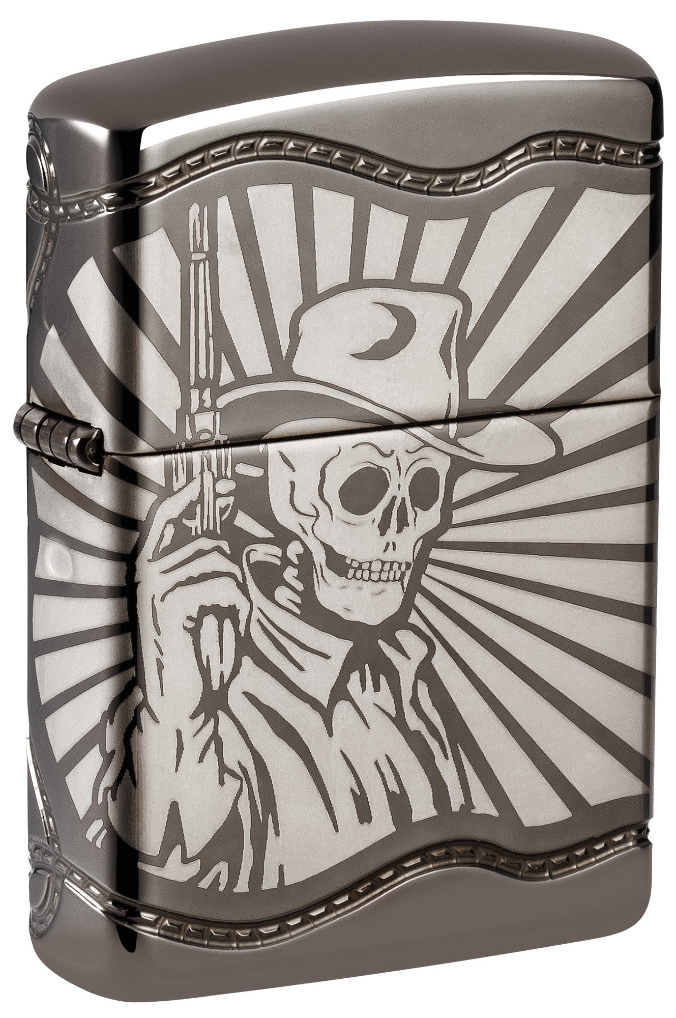 Front shot of Zippo Skeleton Cowboy Design ArmorÂ® Black Ice Windproof Lighter standing at a 3/4 angle.