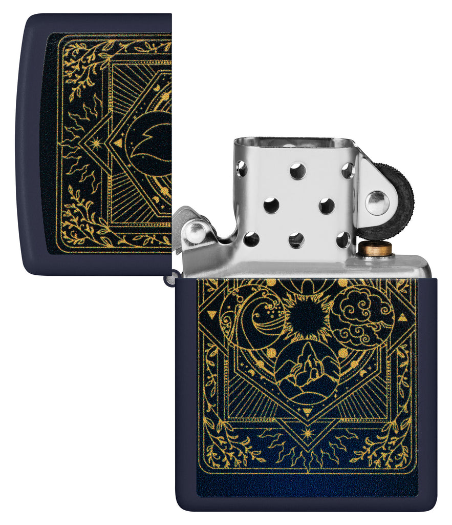 Zippo Elements Design Navy Matte Windproof Lighter with its lid open and unlit.