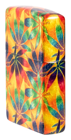 Angled shot of Zippo Cannabis Design 540 Tumbled Brass Windproof Lighter showing the front and right side of the lighter.