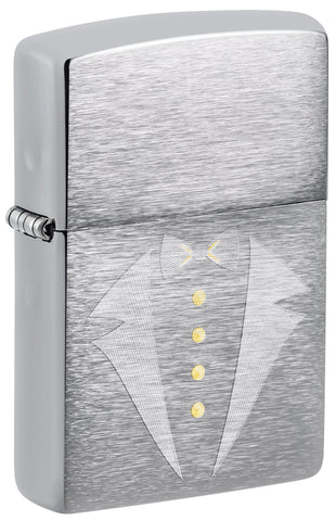 Front view of Gold Tux & Bowtie Design Windproof Lighter standing at a 3/4 angle