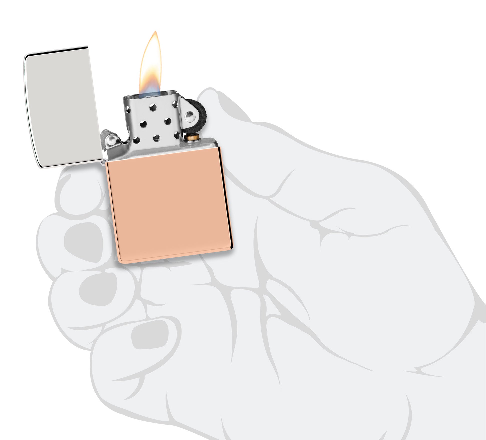 Zippo Bimetal Case Lighter - Copper Lid Windproof Lighter lit in hand.