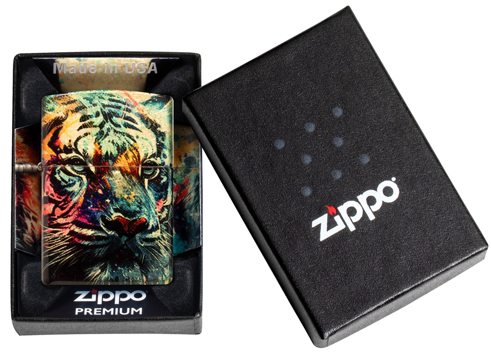 Zippo Painted Tiger Design 540 Tumbled Brass Windproof Lighter in its packaging.