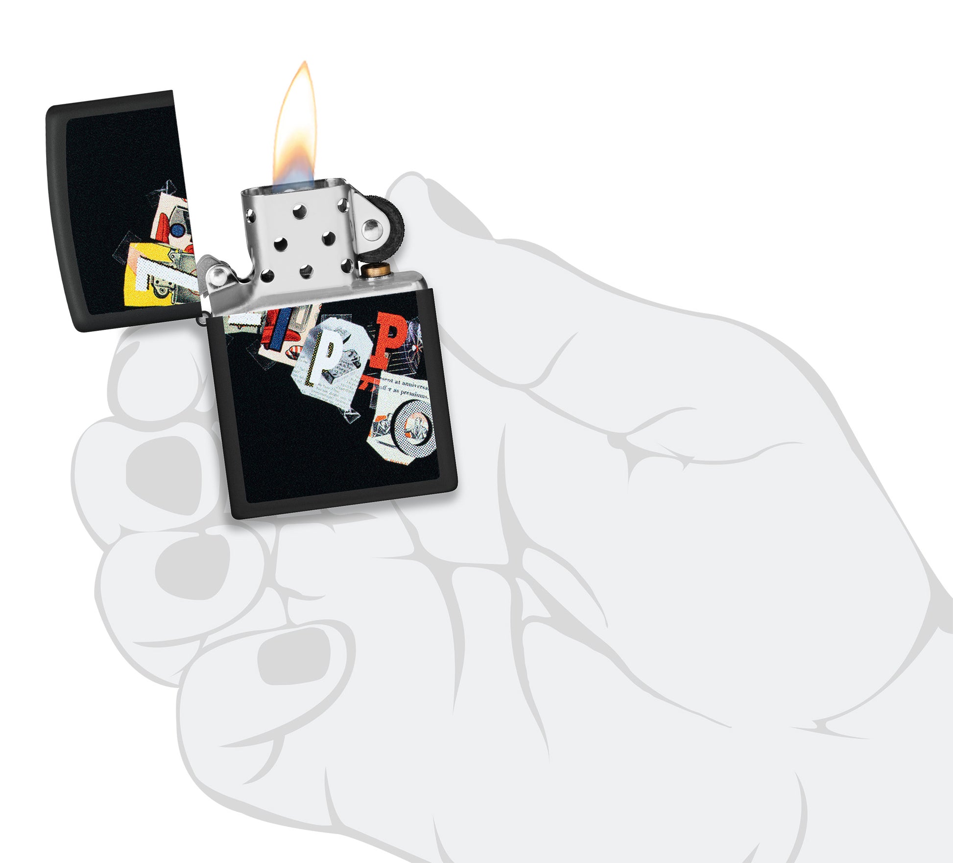Zippo Cut and Paste Design Black Matte Windproof Lighter lit in hand.
