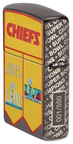 Angled shot of Zippo NFL Kansas City Chiefs Super Bowl Commemorative Armor Black Ice Windproof Lighter showing the back and hinge side of the lighter.