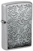 Front shot of Zippo Vines Design Street Chrome Windproof Lighter standing at a 3/4 angle.