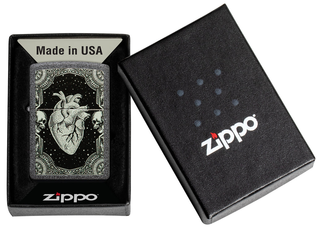 Zippo Heart Design Iron Stone Pocket Lighter in its packaging.