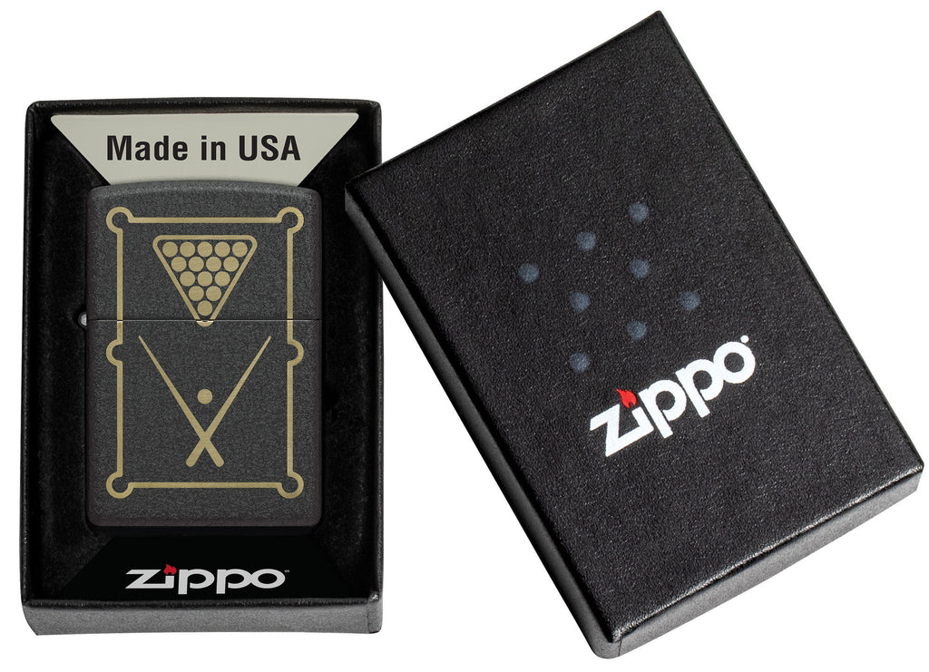 Zippo Billiards Design Black Crackle Windproof Lighter in its packaging.