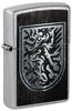 Front shot of Zippo Dragon Shield Design Street Chrome Windproof Lighter standing at a 3/4 angle.