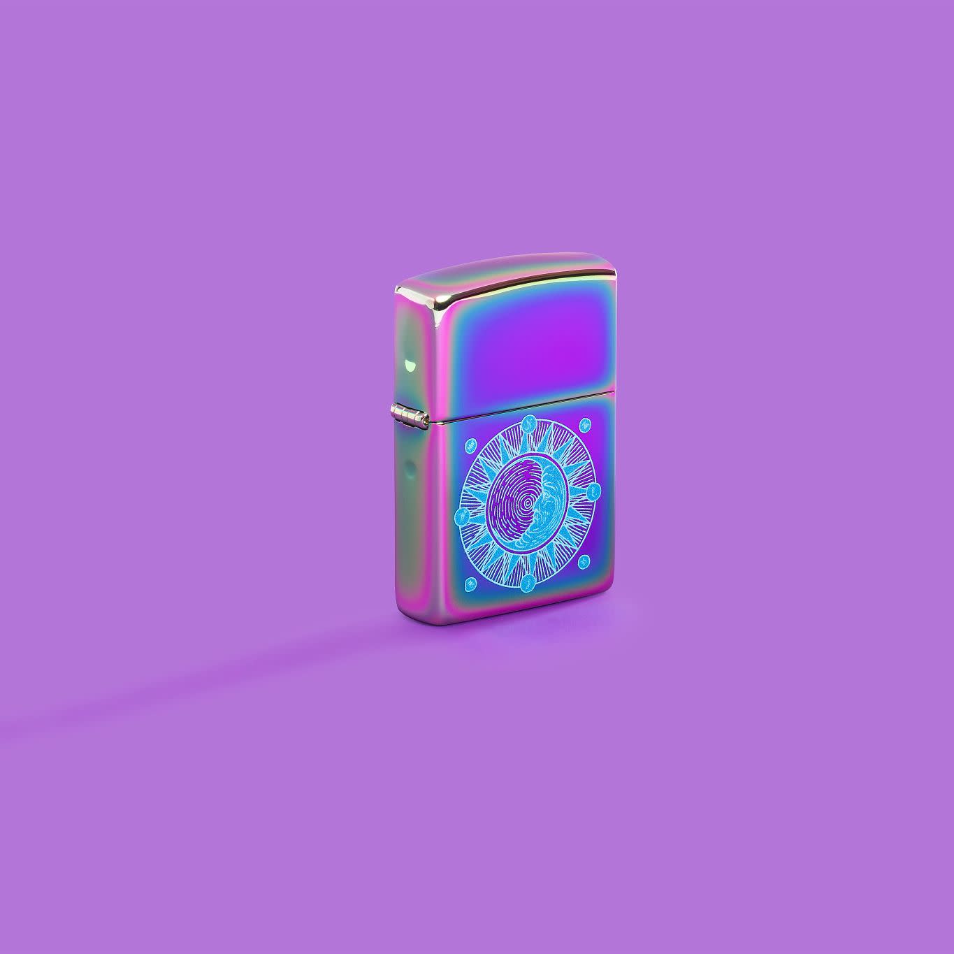 Lifestyle image of Zippo Sun Design Multi-Color Windproof Lighter on a purple background.