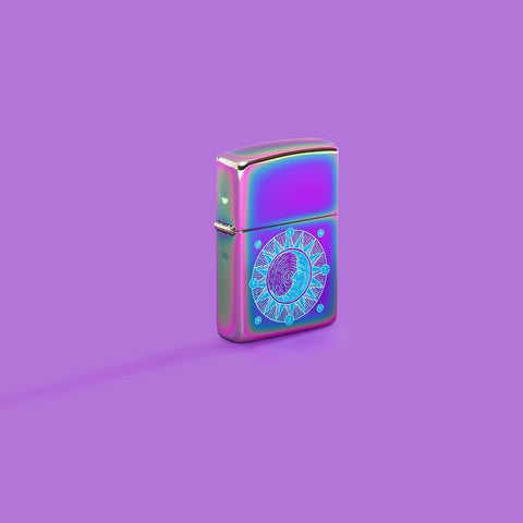 Lifestyle image of Zippo Sun Design Multi-Color Windproof Lighter on a purple background.