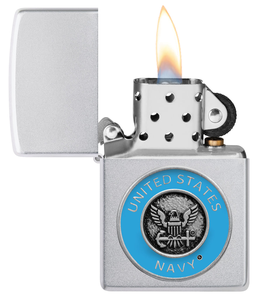Zippo United States Navy® Emblem Satin Chrome Windproof Lighter with its lid open and lit.
