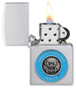 Zippo United States Navy® Emblem Satin Chrome Windproof Lighter with its lid open and lit.