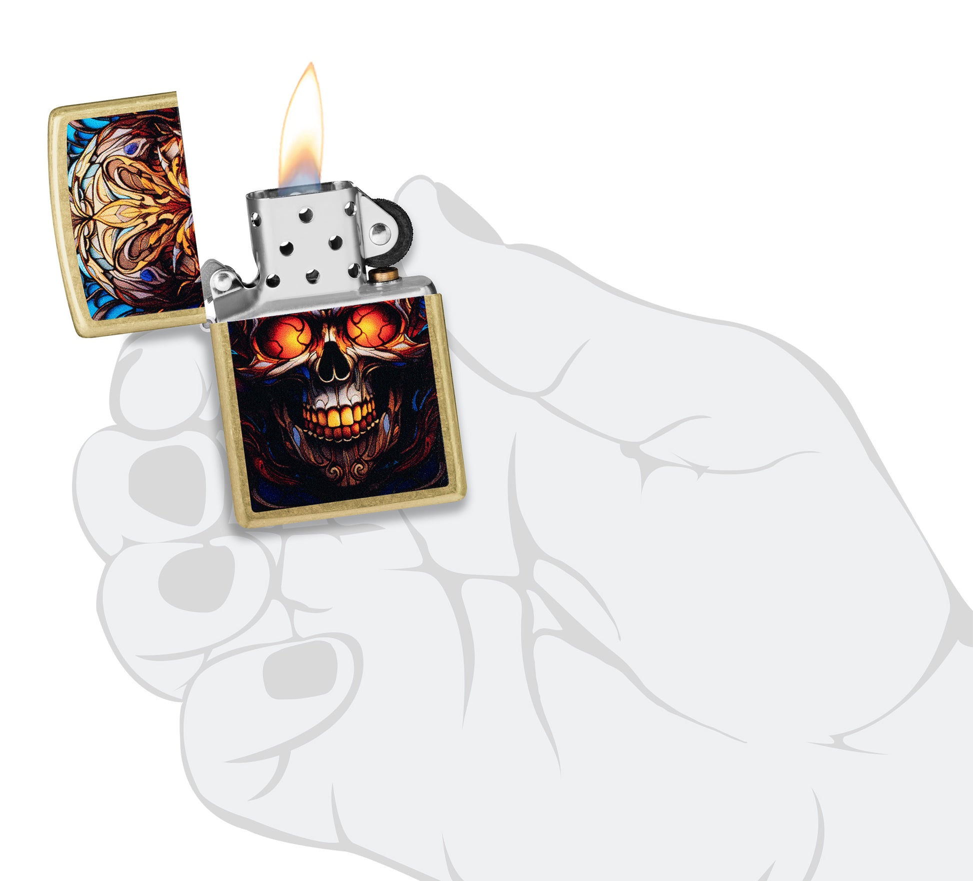 Zippo Stained Glass Skull Design Street Brass Windproof Lighter lit in hand.