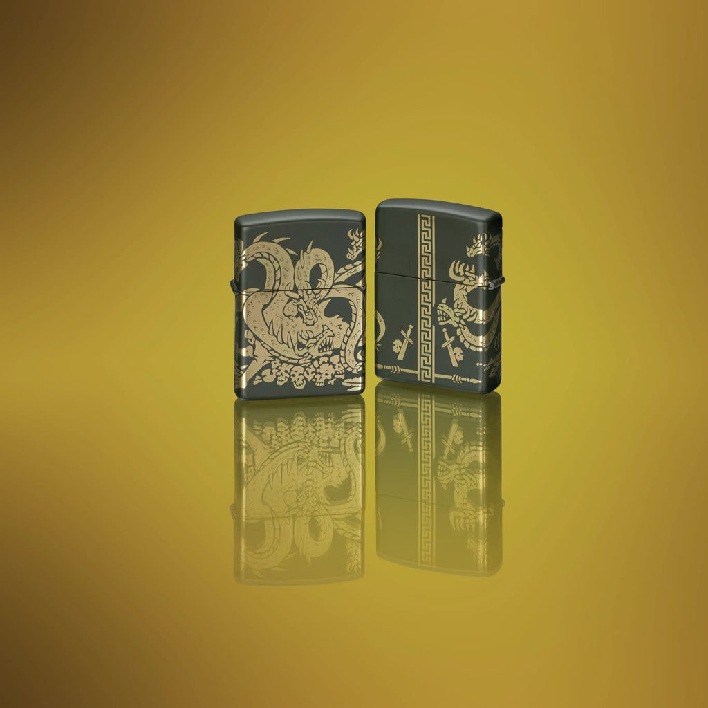 Lifestyle image of two Zippo Dragon Design Green Matte Windproof Lighters