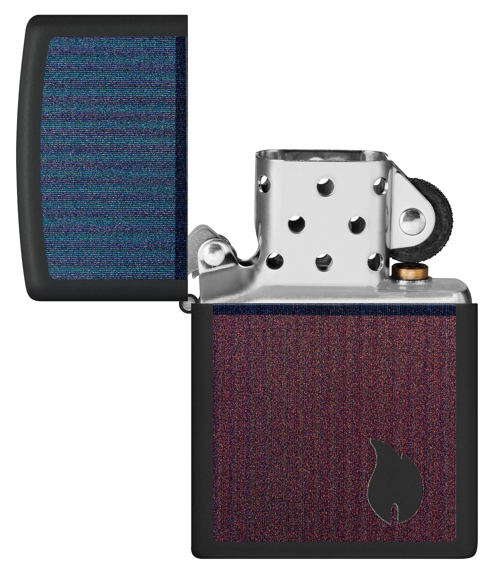 Zippo Color Block Flame Design Black Matte Windproof Lighter with its lid open and unlit.