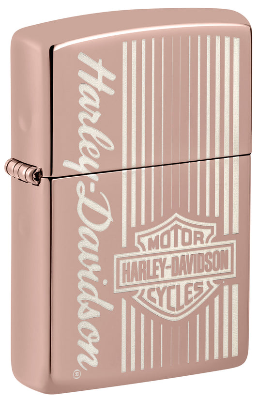 Front view of Zippo Harley-DavidsonÂ® High Polish Rose Gold Windproof Lighter standing at a 3/4 angle.