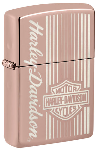 Front view of Zippo Harley-Davidson® High Polish Rose Gold Windproof Lighter standing at a 3/4 angle.